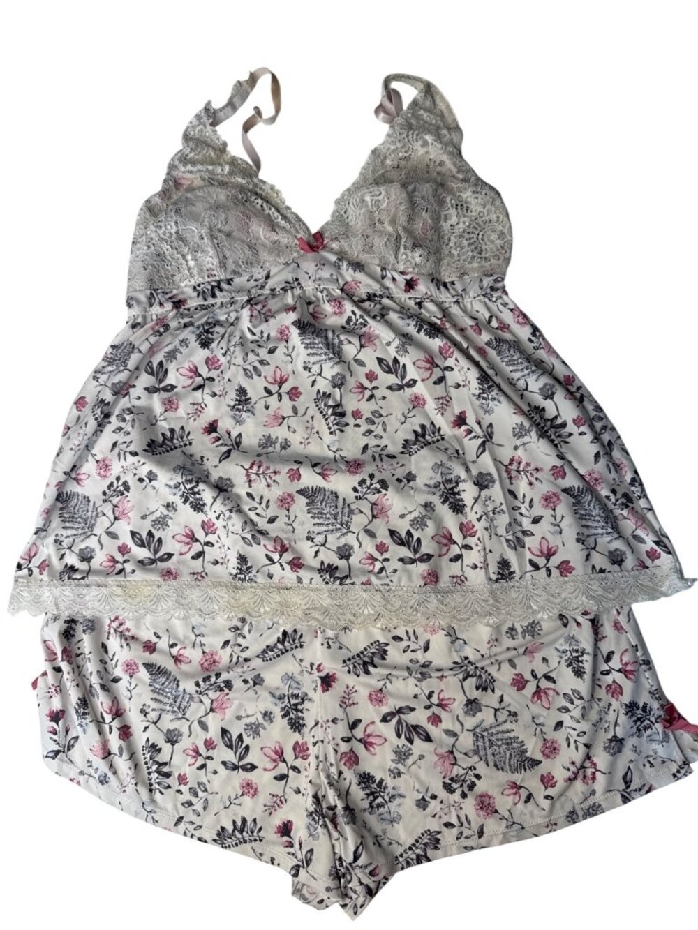 Laura Ashley Floral Lace Trim Pajama Set XL White & Pink With Adjustable Straps